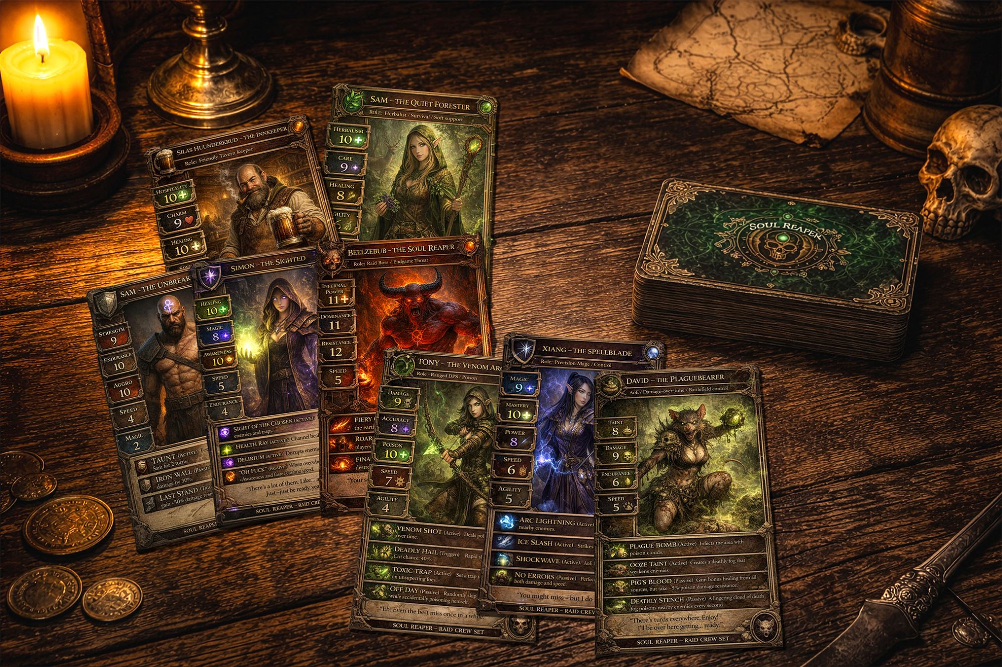 Soul Reaper card collection spread across a tavern table